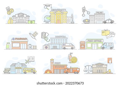 Municipal Services or City Services for Citizens with Police and Bank Department Vector Set