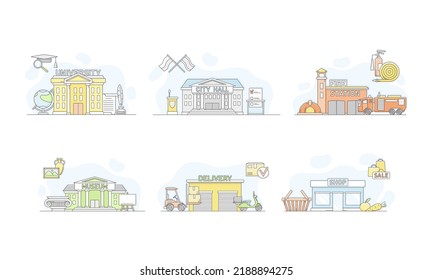 Municipal Services or City Services for Citizens with University and City Hall Department Vector Set