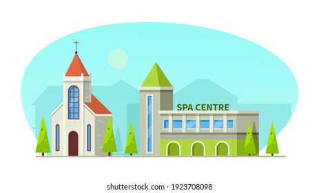 Municipal spa center and the temple buildings. Modern architecture building church in summer urban landscape of cityscape cartoon vector illustration