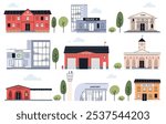 Municipal state institutions. Set of cute city houses. A city with different houses. Buildings in a simple child style. Nice city. Vector illustration