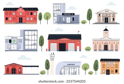 Municipal state institutions. Set of cute city houses. A city with different houses. Buildings in a simple child style. Nice city. Vector illustration