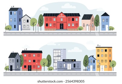 Municipal state institutions. Set of cute city houses. A city with different houses. Buildings in a simple child style. Nice city. Vector illustration