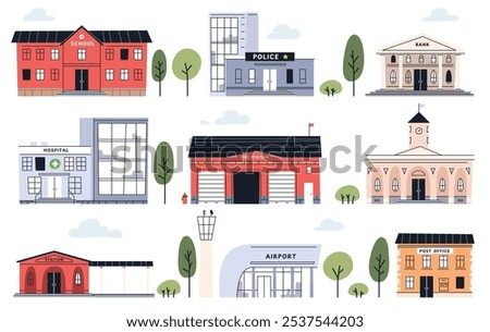 Municipal state institutions. Set of cute city houses. A city with different houses. Buildings in a simple child style. Nice city. Vector illustration