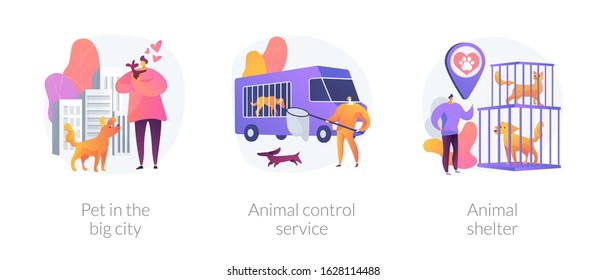 Municipal stray dogs control service. Homeless animals adoption center. Pet in the big city, animal control service, animal shelter metaphors. Vector isolated concept metaphor illustrations