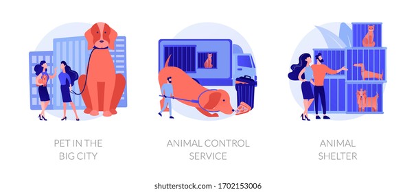 Municipal stray dogs control service. Homeless animals adoption center. Pet in the big city, animal control service, animal shelter metaphors. Vector isolated concept metaphor illustrations