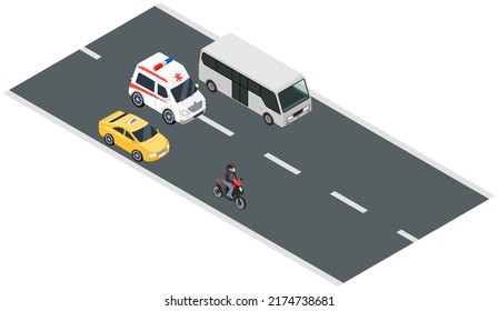 Municipal transport moves along road of city. Ambulance car, police, public city bus and motorcycle or moped. Vehicle for transporting passengers and patients. Automobile driving on highway of town