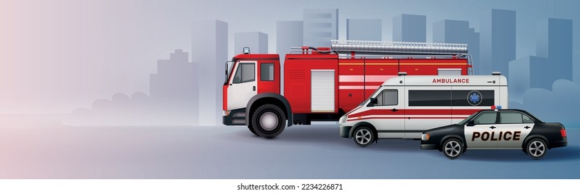 Municipal vehicles background with ambulance and police car realistic vector illustration