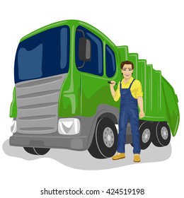 Municipal worker next to recycling garbage collector truck