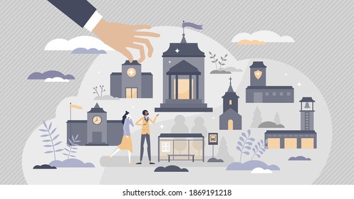 Municipality authority with administrative buildings set tiny person concept. Hospital, town hall, church, fire or bus station and police department as government public buildings vector illustration.