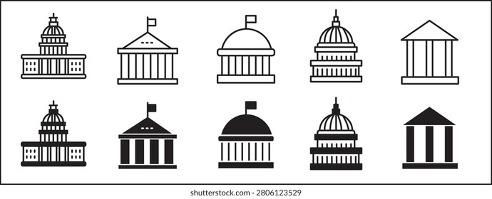 Municipality Icon Set, City Council Building and Local Government Administrative Vector Symbols