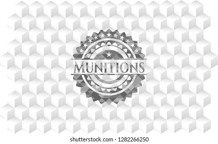 Munitions retro style grey emblem with geometric cube white background