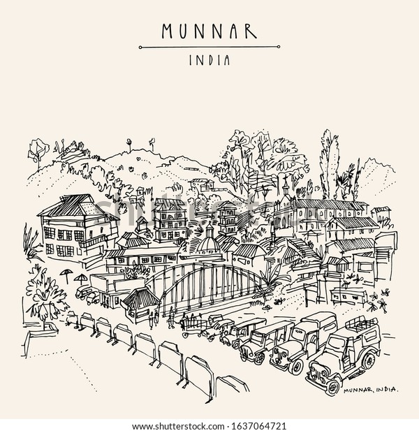 Munnar, Kerala, South India. Panoramic view\
of the town center. Houses, cars, church and bridge. Artistic hand\
drawing. Asian travel sketch. Vintage hand drawn postcard, poster.\
Vector illustration