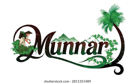 Munnar Kerala Tourism Typography Vector with Tea Garden	