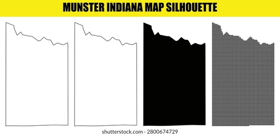 Munster Indiana map silhouettes set four variations white outline solid black and dot texture perfect for regional maps and local geography presentations.