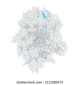 Munster, North Rhine-Westphalia, Germany high resolution vector map with city boundaries and editable paths. White outlines for main roads. Many detailed paths. Blue shapes and lines for water.