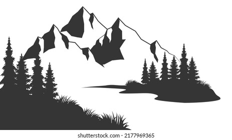 Muntain silhouette vector illustration. Mountain range silhouette isolated vector illustration. Old style black and white mountain vector illustration