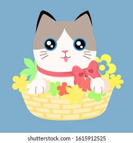 Muppet cat with a bow. Cat in flower basket, cute pet, wild animal, hand drawn cartoon vector animal, flat graphic.