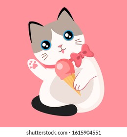 Muppet cat with bow holds ice cream, white cat, red background with flowers. Cute pet, wild animal, hand drawn cartoon animal, seamless vector background, flat graphic.