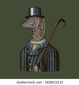 Muraena eels gentleman in a hat and suit with a cane. Fashion Animal character. Sea creature. Hand drawn sketch. Vector engraved illustration for logo, label and tattoo or T-shirts.