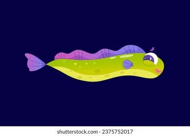 Muraena vector illustration. Cartoon isolated cute baby ribbon eel character swimming in coral reefs of tropical sea or ocean water, side view of wild underwater animal on dark blue background