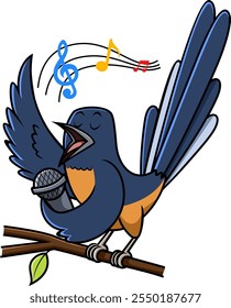 Murai Batu Singing Bird Cartoon Vector Illustration 