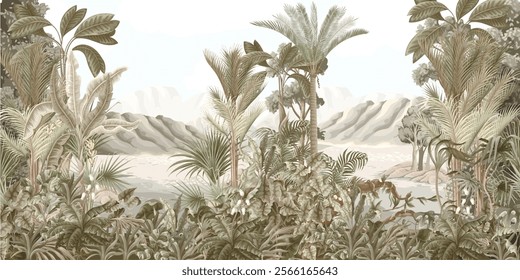 Mural with ancient nature, dinosaurs park. Vector