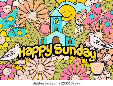 Mural art of Happy Sunday typography text vector illustration with Church doodle decoration