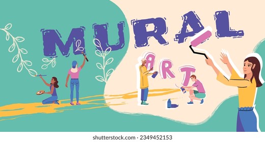 Mural artist composition with collage of flat icons with young doodle painters holding paddle rollers brushes vector illustration