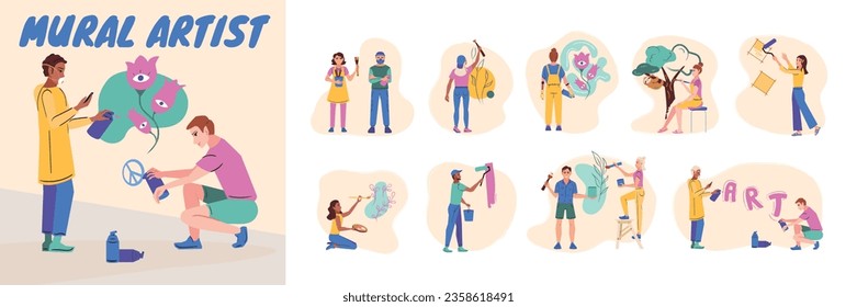 Mural artist flat composition with doodle human characters painting walls with set of isolated artwork icons vector illustration