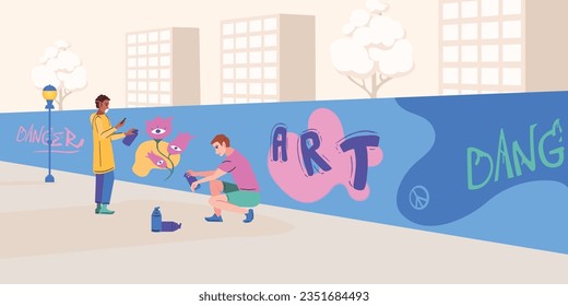 Composición plana de artista mural con paisaje exterior y pared pintada por jóvenes talentos garabatos personajes ilustración vectorial