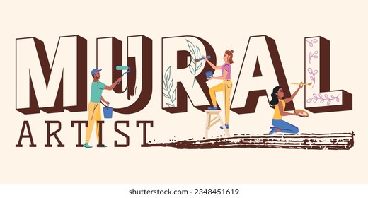 Mural artist flat composition with text artwork hand colored by doodle style characters of urban painters vector illustration