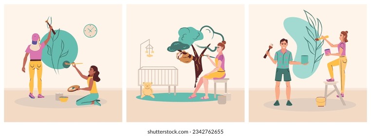 Mural artist flat set of square compositions with young people painting nice pictures on room walls vector illustration