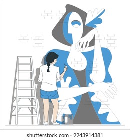 Mural Artists or creative people at working process. Creating murals, computer graphics, collage, sculptures, abstract painting and still life drawing. Fine art hobbies. Urban art concept