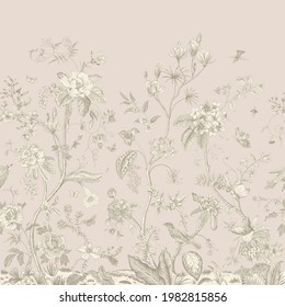 Mural. Bloom. Chinoiserie Inspired. Vintage Floral Illustration. Tender