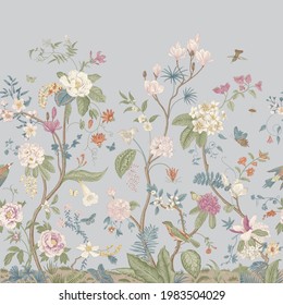 Mural. Bloom. Chinoiserie inspired. Vintage floral illustration. Pastel colors 
