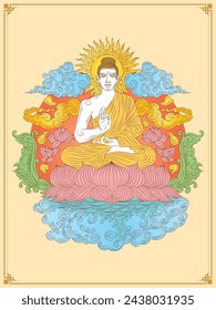 Mural de Buda. Buda sentado y meditando Buda. Colorida ilustración vectorial de buda aislado en fondo crema.