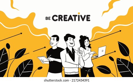 mural cartoon doodle of creative designer, IT, developer team on yellow background with copy space. be creative