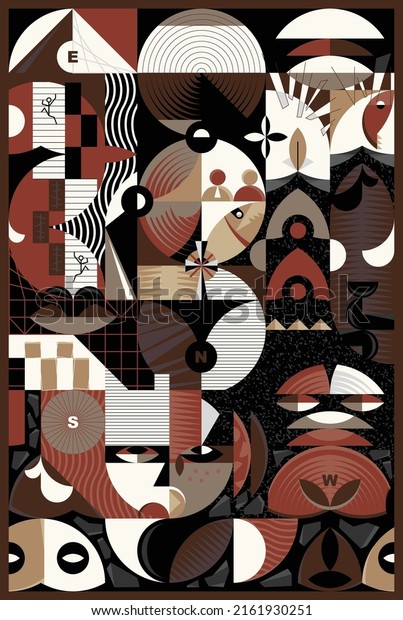 Mural collage, graphics pattern made with abstract forms and generative geometric shapes. Mosaic background in Bauhaus style. Useful for banner, cover, poster. Vector 