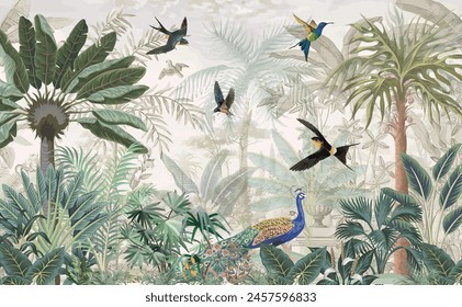 Mural de naturaleza Fondo de pantalla tropical, Fondo de pantalla mogol, pájaros, pavo real, fondo de acuarela.