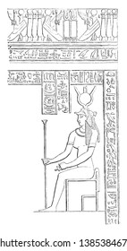 Mural Decoration with Hieroglyphics from the Great Temple at Philae, Egyptian architecture,  Mural, painting, symbols, Egyptian monuments, vintage line drawing or engraving illustration.