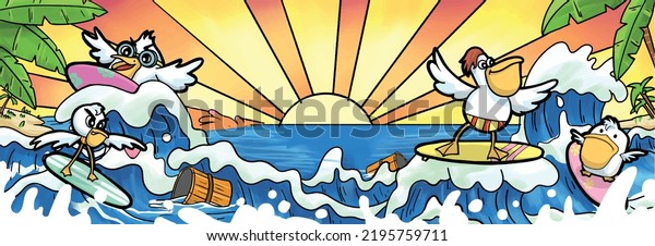 mural design of cute bird character surfing on beach wave. colorful illustration