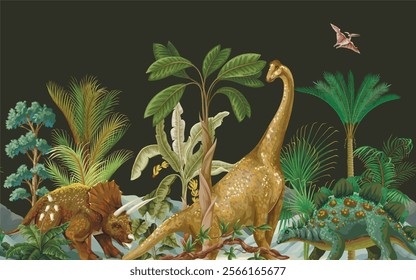 Mural with dinosaurs on the ancient nature background. Vector