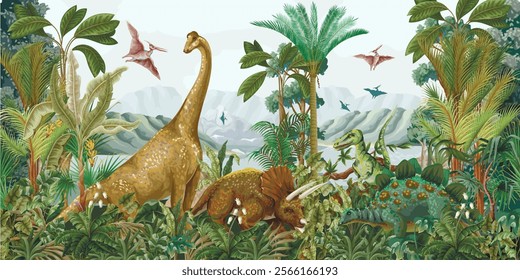 Mural with dinosaurs on the ancient nature background. Vector