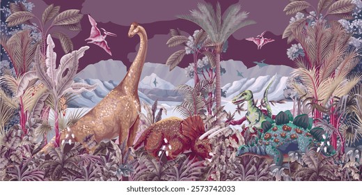 Mural with dinosaurs on the ancient nature background. Vector