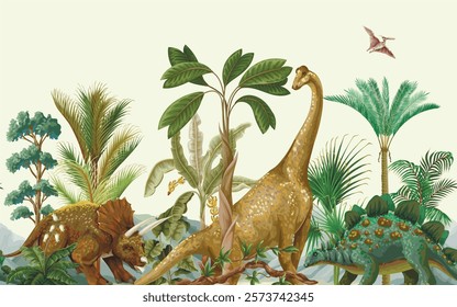 Mural with dinosaurs on the ancient nature background. Vector