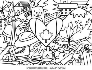 Mural doodle art with Canada flag in heart shape decorated with the country famous elements and icons, vector illustration