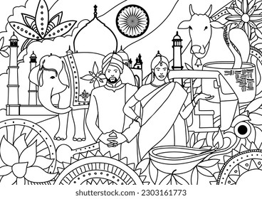 Mural doodle art of India flag decorated with the country famous elements and icons, vector illustration