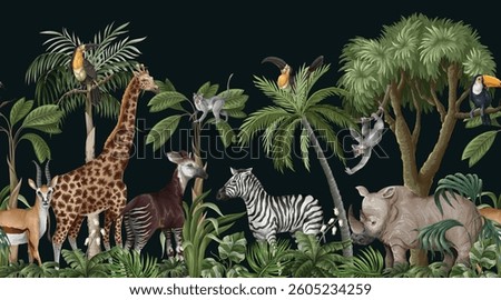 Mural with jungle animals and trees, realistic, cute landscape. Vector