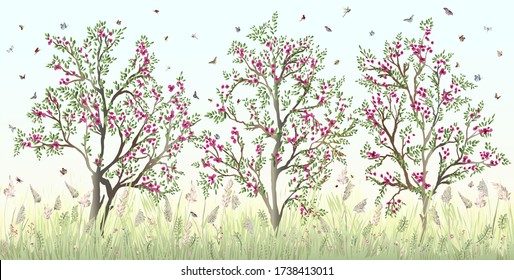 Mural with landscape with green trees with flowers and leaves, grass, and different insects: butterfly, ladybug, dragonfly,  bee.