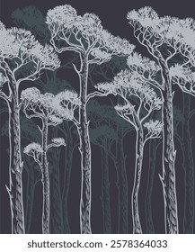 Mural with monocrome pines. Vector